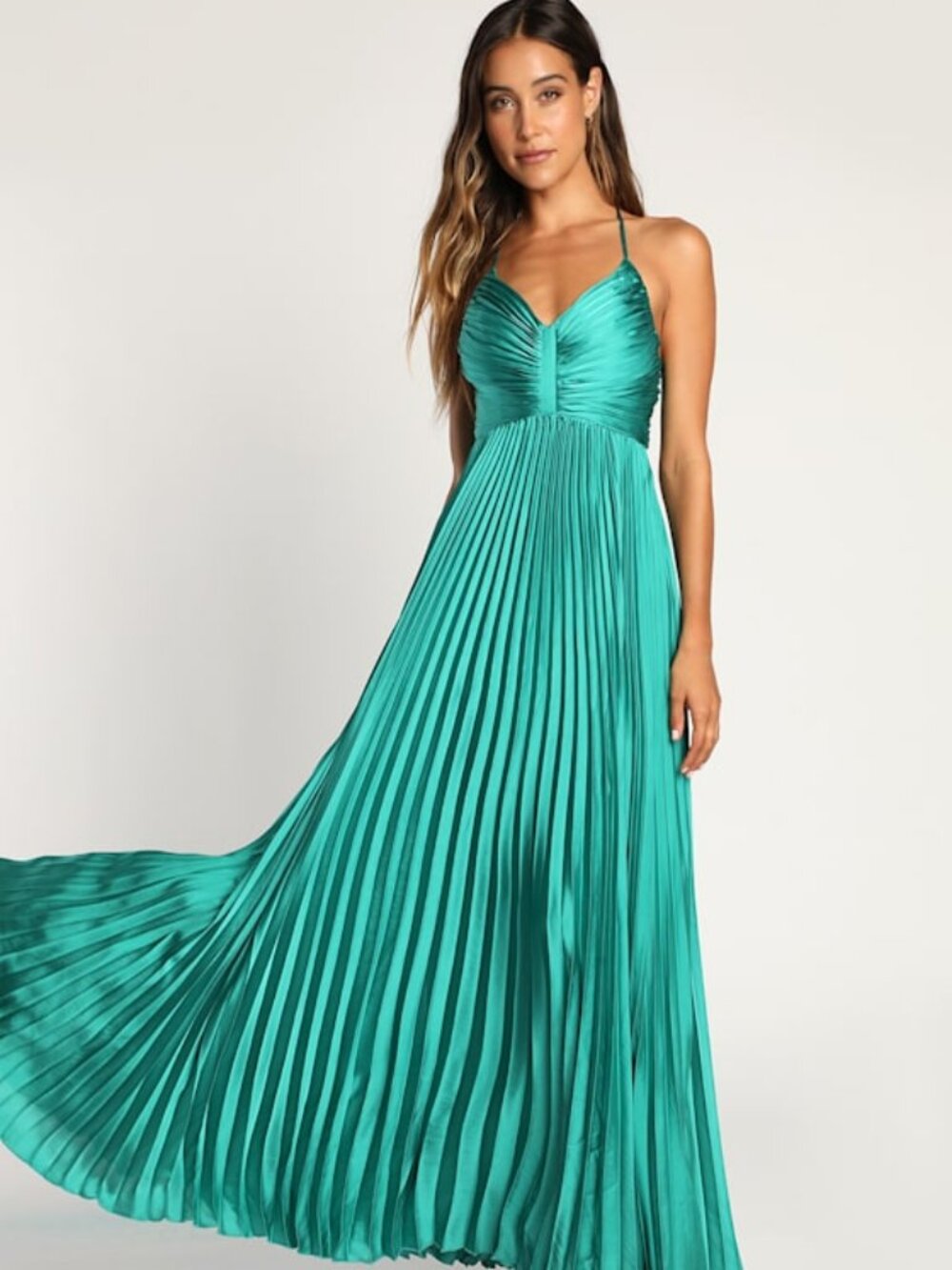 Lulu's Emerald Pleated Satin Maxi Dress